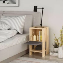 Comodino con Anta a Ribalta Salvaspazio e Ripiano per Camera da Letto