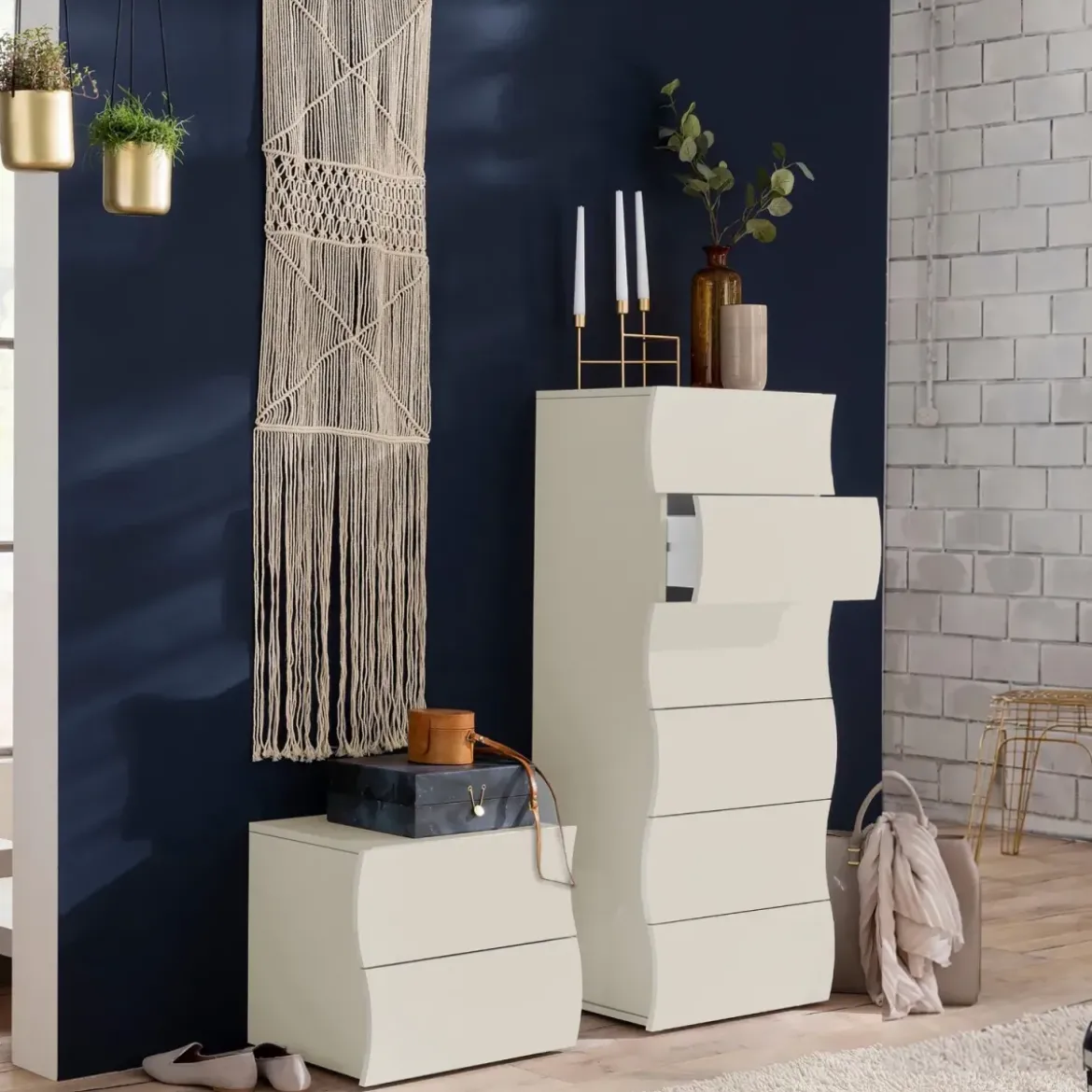 Comodino con 2 Cassetti Beige Cachemire in Legno Camera da Letto