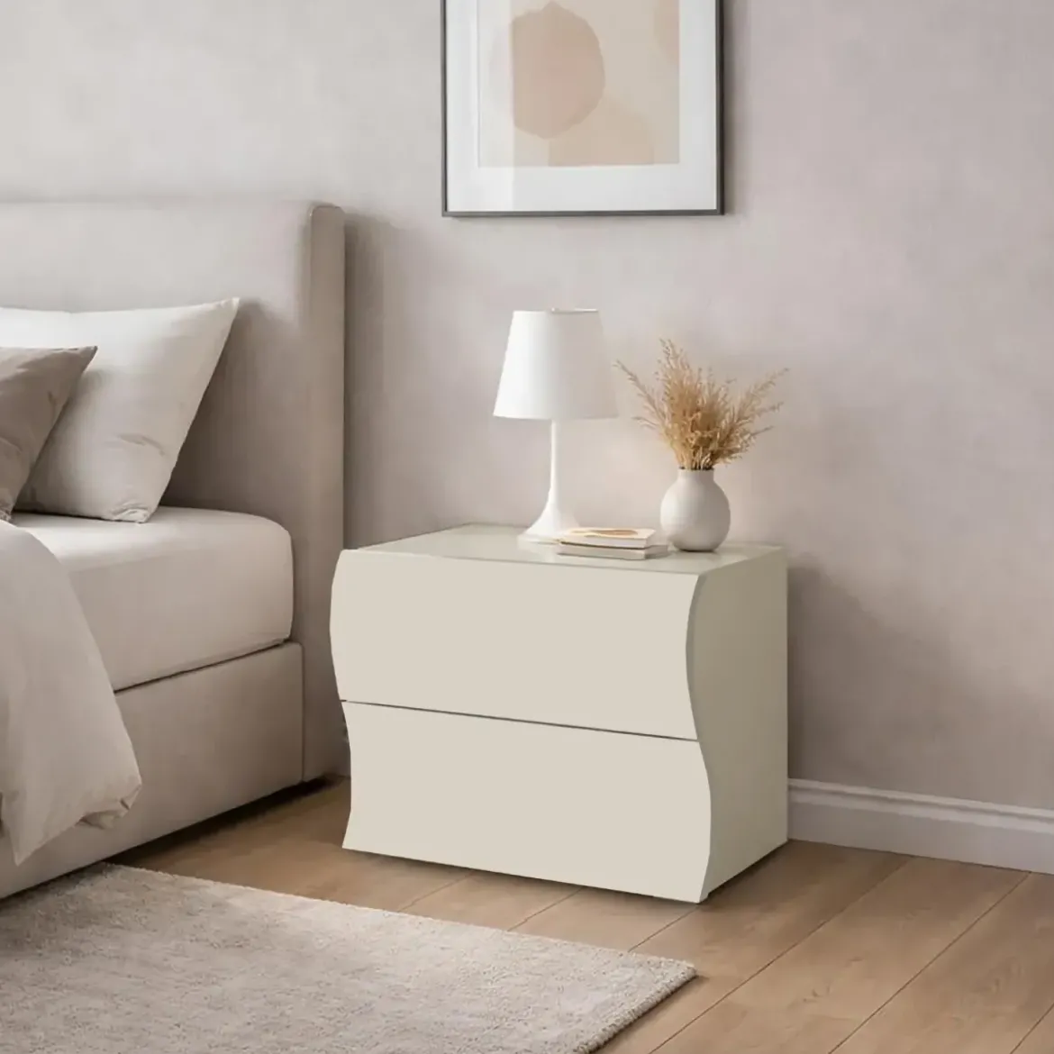 Comodino con 2 Cassetti Beige Cachemire in Legno Camera da Letto