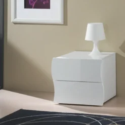 Comodino con 2 Cassetti Onda in Legno Bianco Lucido Camera da Letto