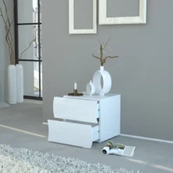 Comodino con 2 Cassetti Onda in Legno Bianco Lucido Camera da Letto