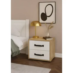 Comodino Rovere e Bianco 2 Cassetti con Maniglie Nere 44x32x41 cm