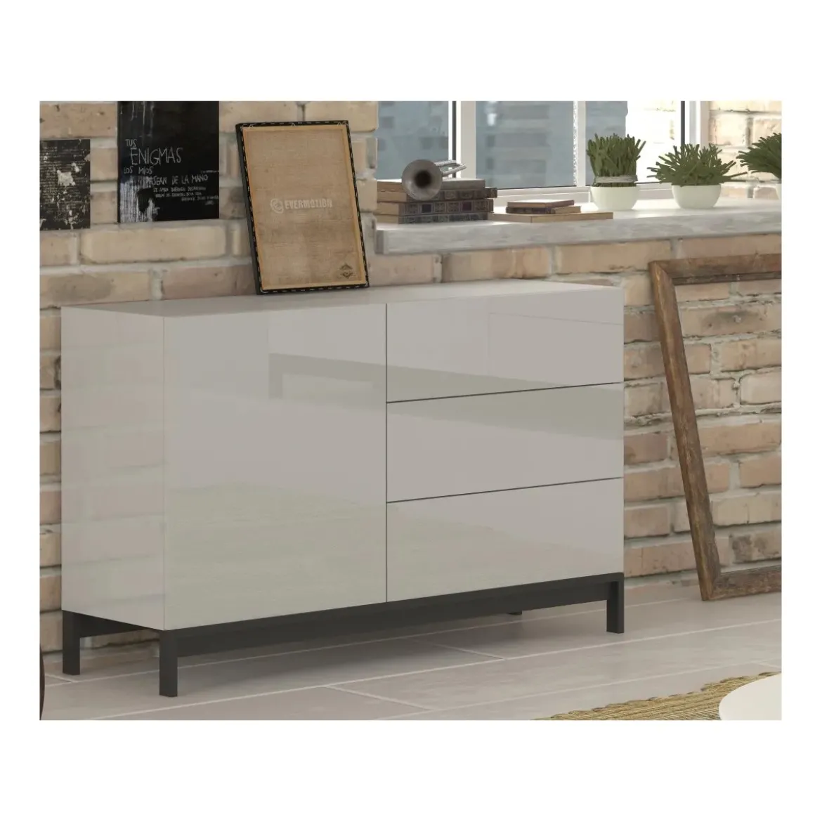 Credenza Alta Bianco Lucido 110x40x73cm 1 Anta e 3 Cassetti