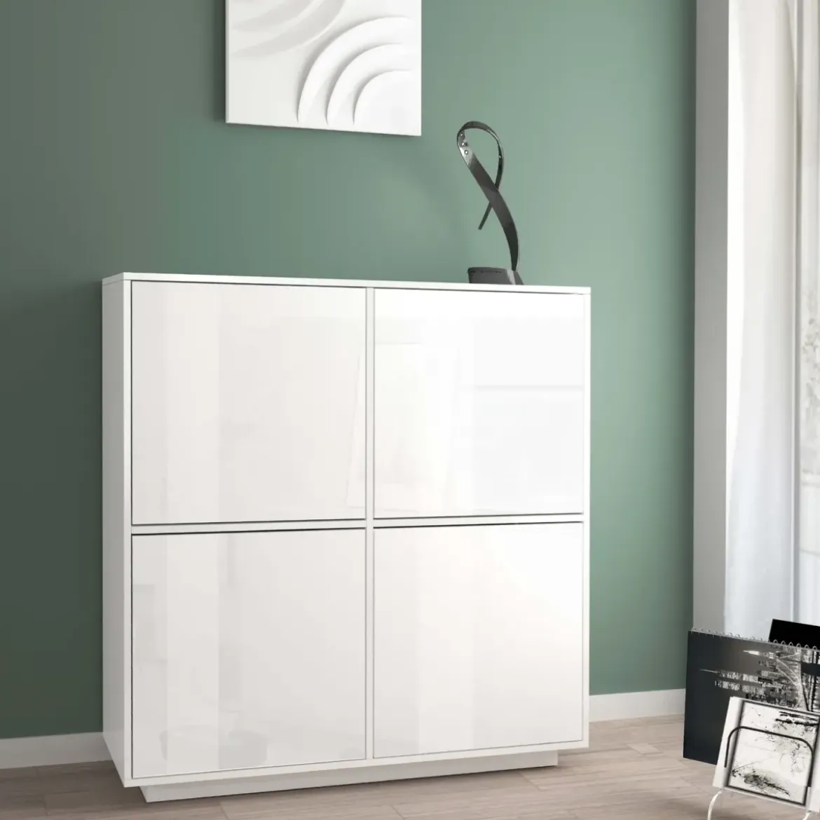 Credenza Alta da Soggiorno 100 cm Bianco Laccato Lucido 4 Ante 6 Vani