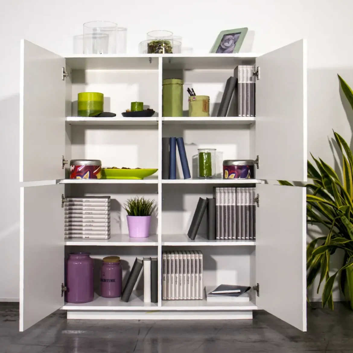 Credenza Alta da Soggiorno 100 cm Bianco Laccato Lucido 4 Ante 6 Vani