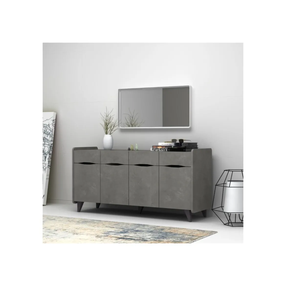 Credenza 4 Ante 2 Cassetti Grigio Cemento Porta TV Mobile da Soggiorno Madia