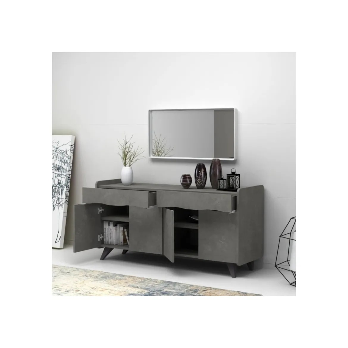 Credenza 4 Ante 2 Cassetti Grigio Cemento Porta TV Mobile da Soggiorno Madia