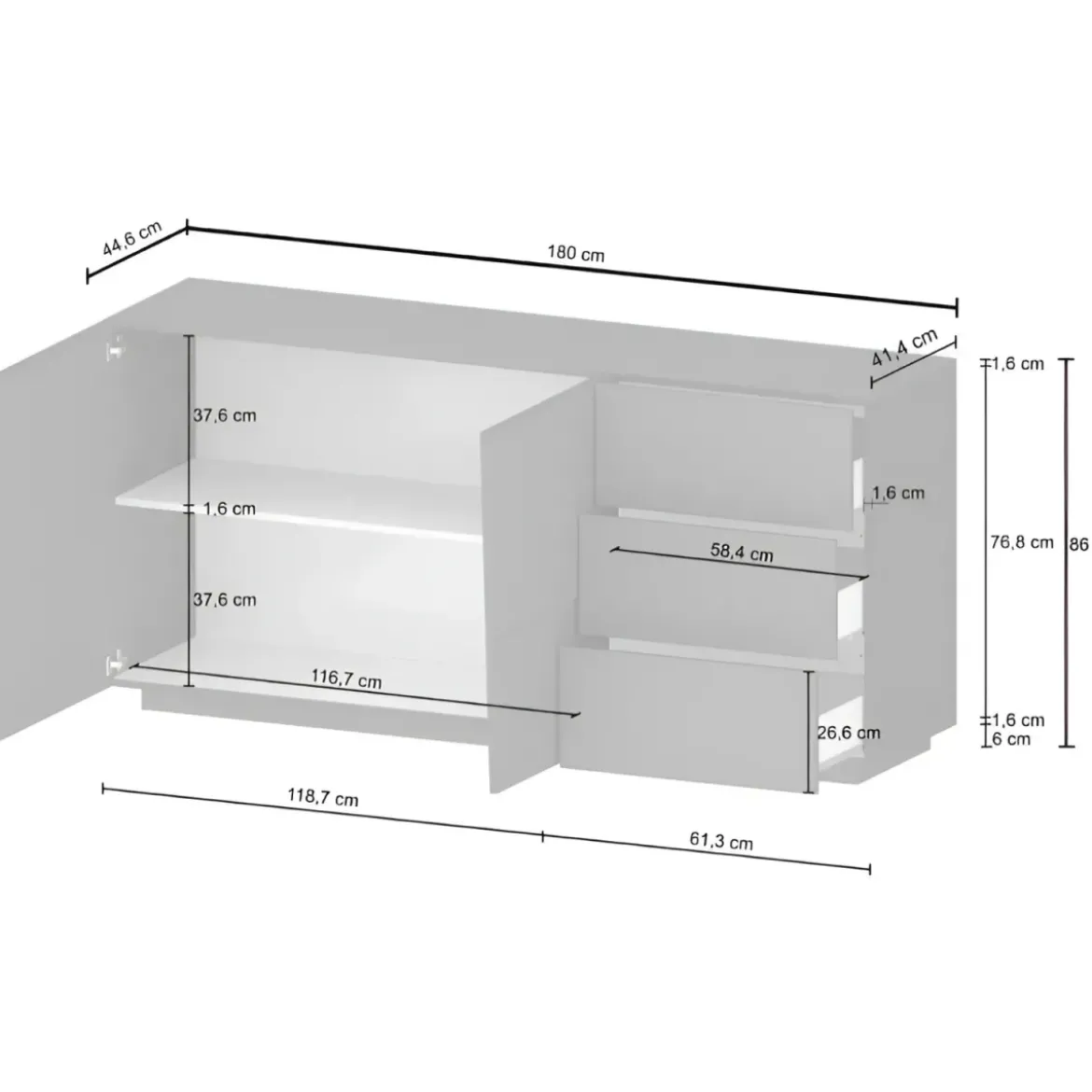 Credenza 2 Ante 3 Cassetti Madia in Legno Nobilitato Bianco Laccato
