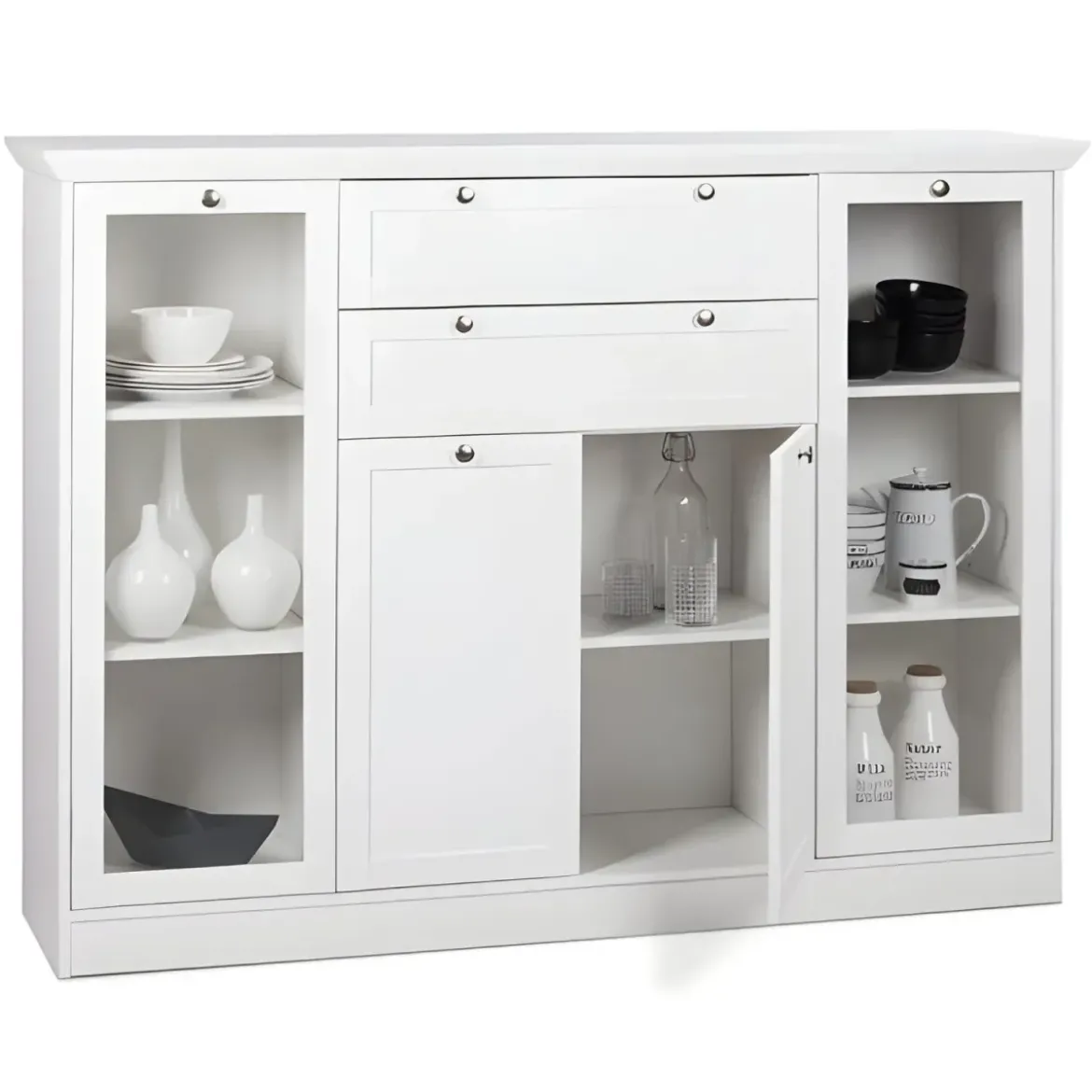 Credenza 4 Ante 2 cassetti Vetrina e Ripiani da Soggiorno Classico Bianco
