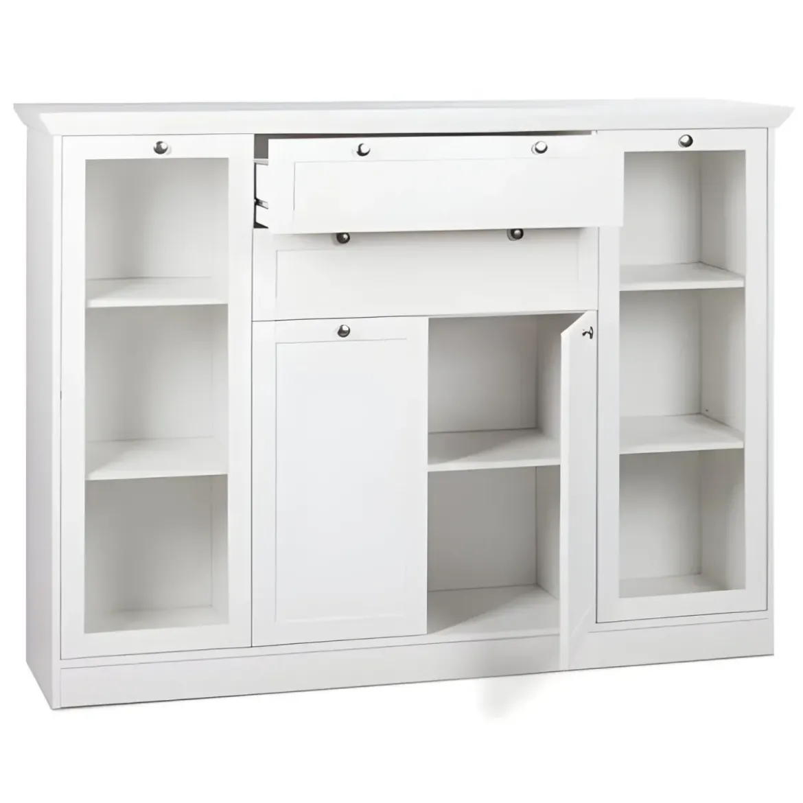 Credenza 4 Ante 2 cassetti Vetrina e Ripiani da Soggiorno Classico Bianco