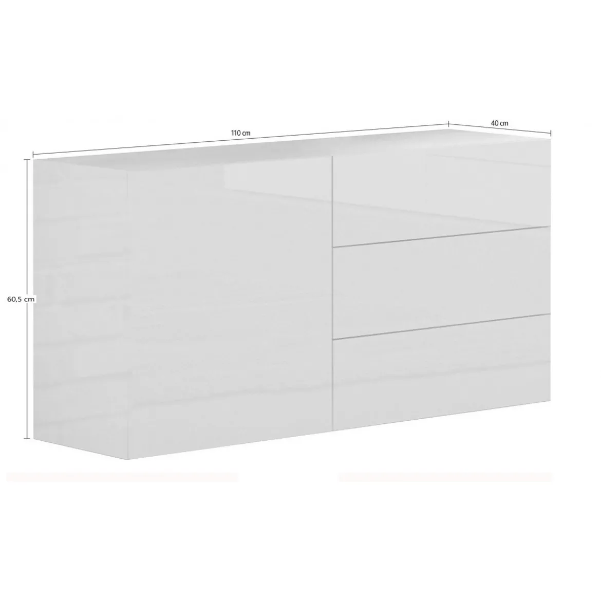 Credenza 110 cm Mobile con 3 Cassetti e 1 Ante Madia Bianco Lucido