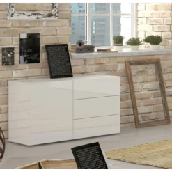 Credenza 110 cm Mobile con 3 Cassetti e 1 Ante Madia Bianco Lucido