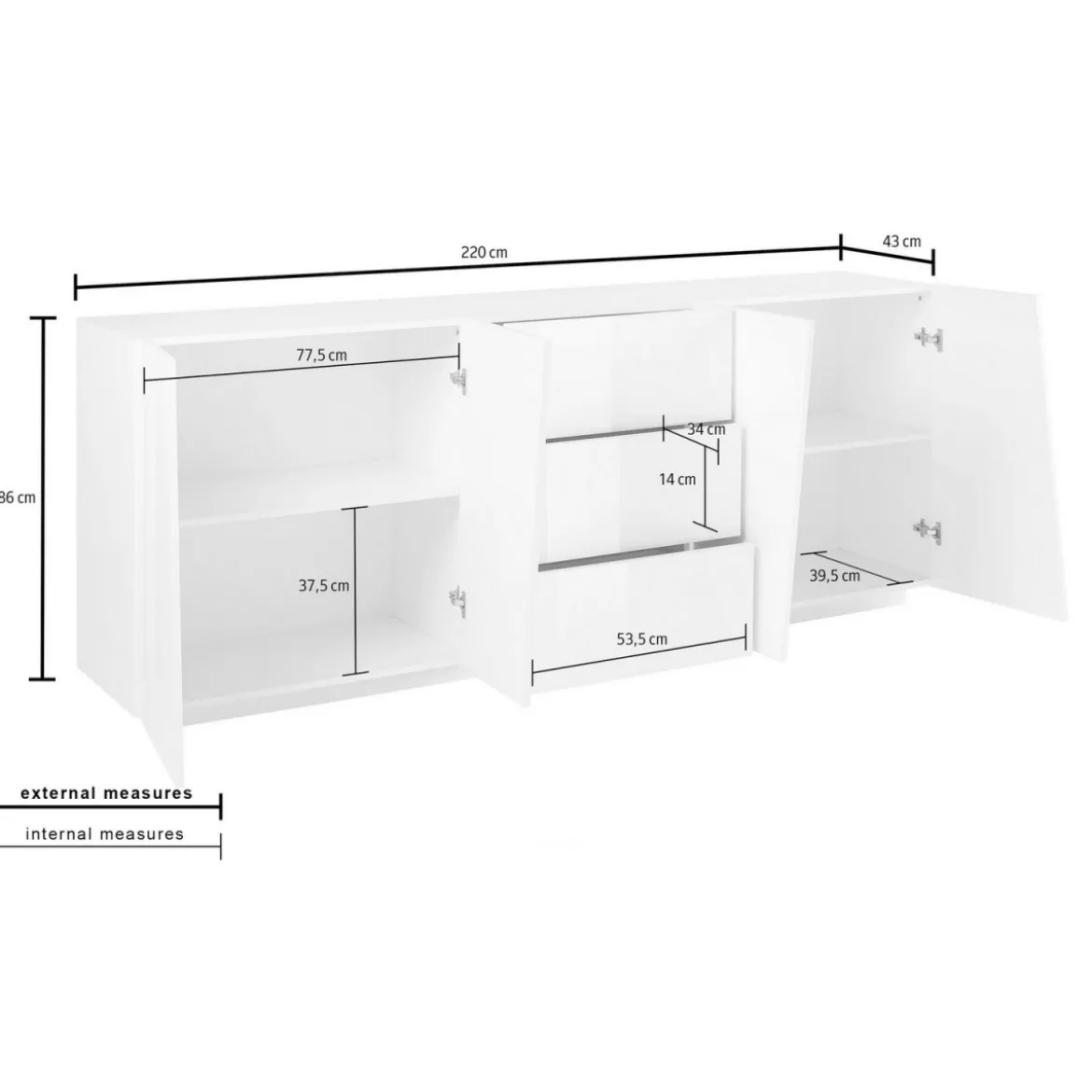 Credenza con 4 Ante e 3 Cassetti Bianco Lucido Madia per Soggiorno