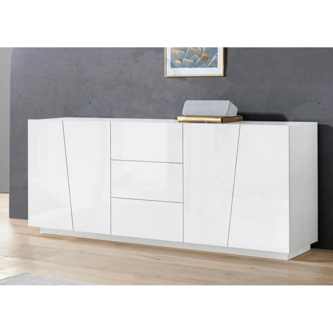 Credenza con 4 Ante e 3 Cassetti Bianco Lucido Madia per Soggiorno