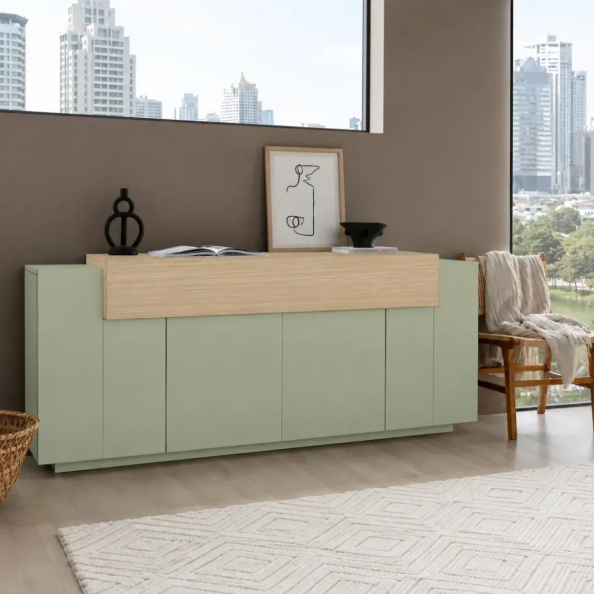 Credenza Cucina Soggiorno Verde Salvia Rovere 5 Ante Battenti Ribalta