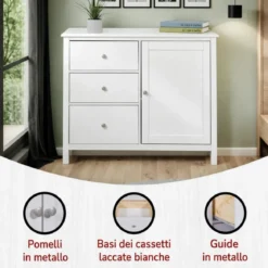 Credenza da Cucina 3 Cassetti 1 Anta in Legno Bianco Madia Moderna