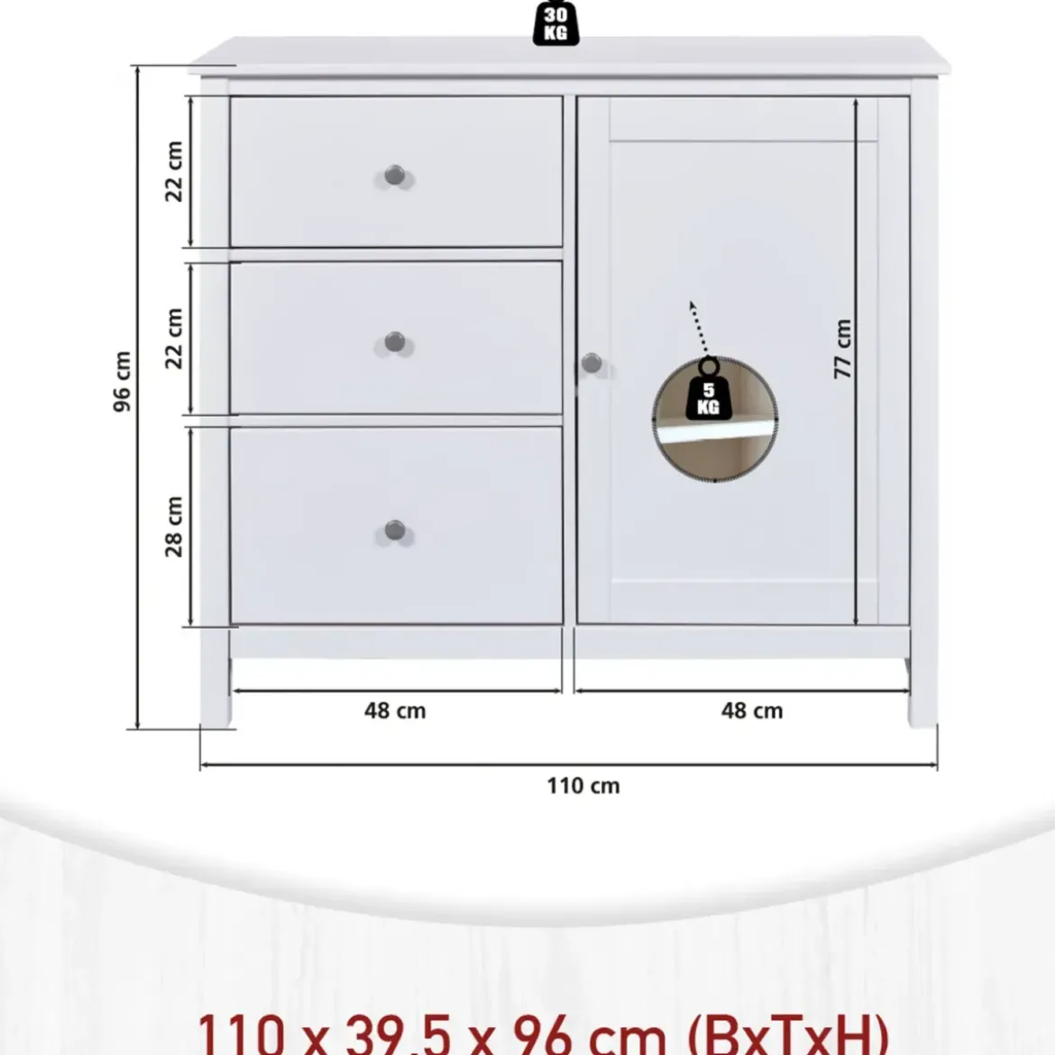 Credenza da Cucina 3 Cassetti 1 Anta in Legno Bianco Madia Moderna