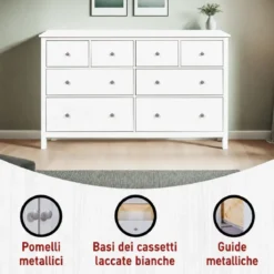 Credenza da Cucina Cassettiera 8 Cassetti in Legno Bianco Moderna