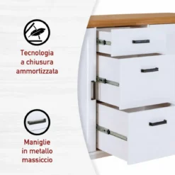 Credenza da Cucina in Legno Massello Bianco Rovere 2 Ante 3 Cassetti
