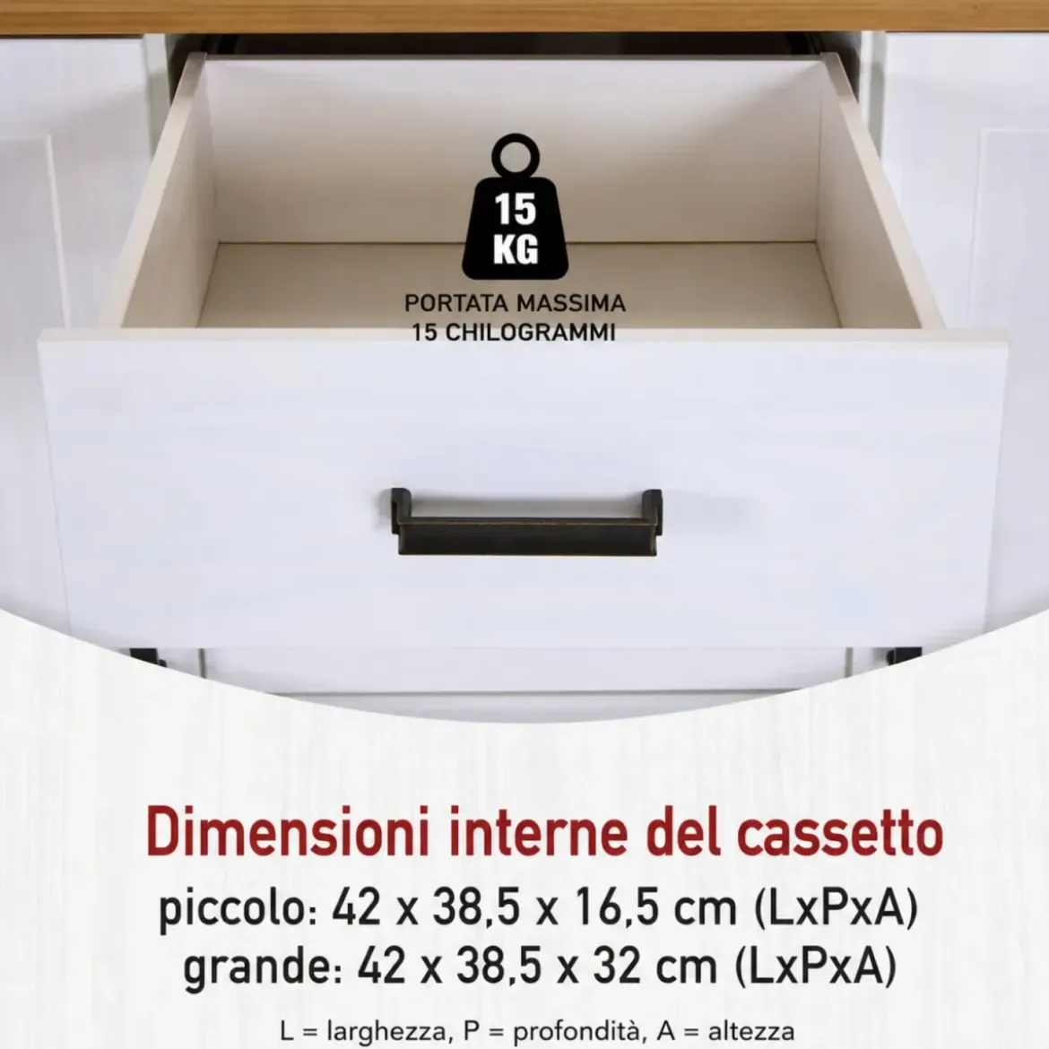Credenza da Cucina in Legno Massello Bianco Rovere 2 Ante 3 Cassetti