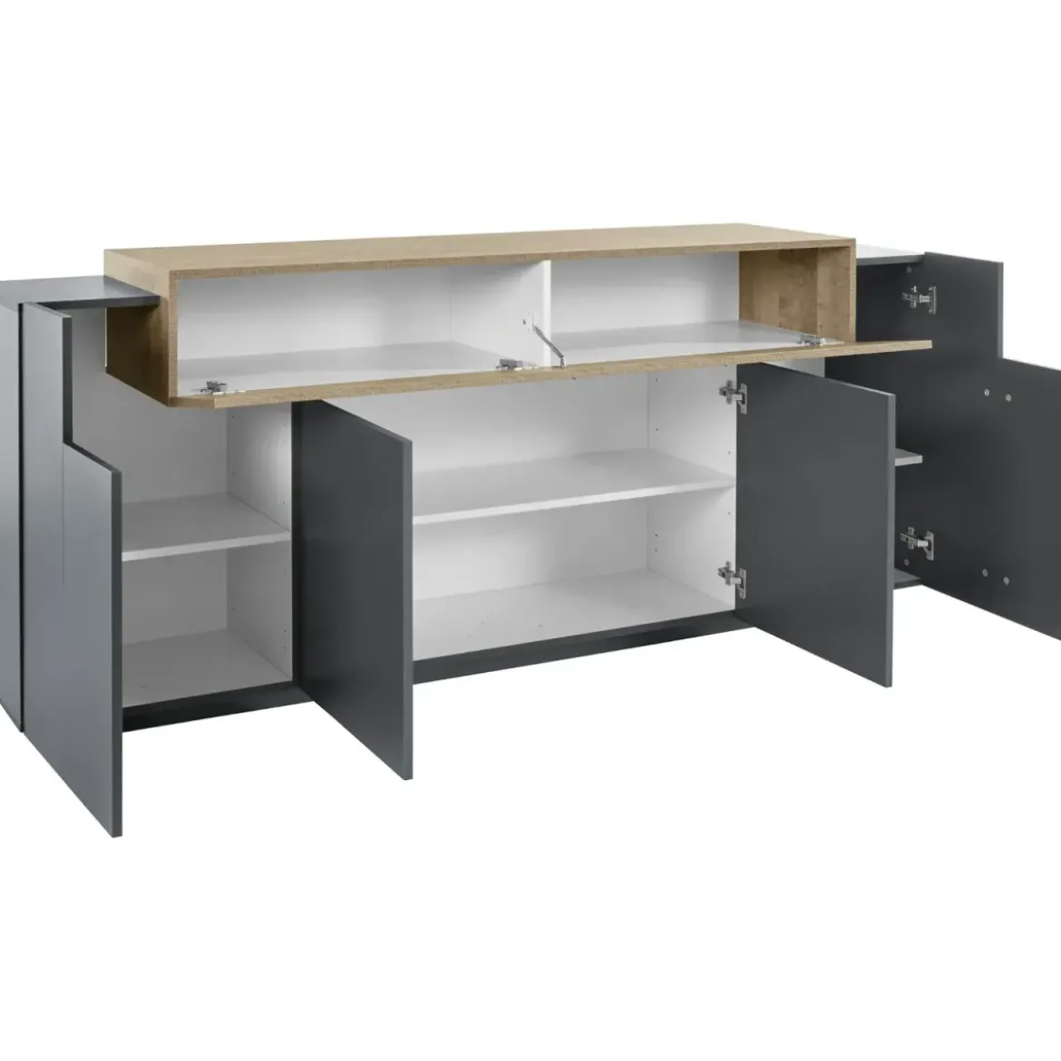 Credenza da Soggiorno 200 cm 4 Ante Battenti 1 Ribalta Antracite Rovere