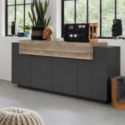 Credenza da Soggiorno 200 cm 4 Ante Battenti 1 Ribalta Antracite Rovere