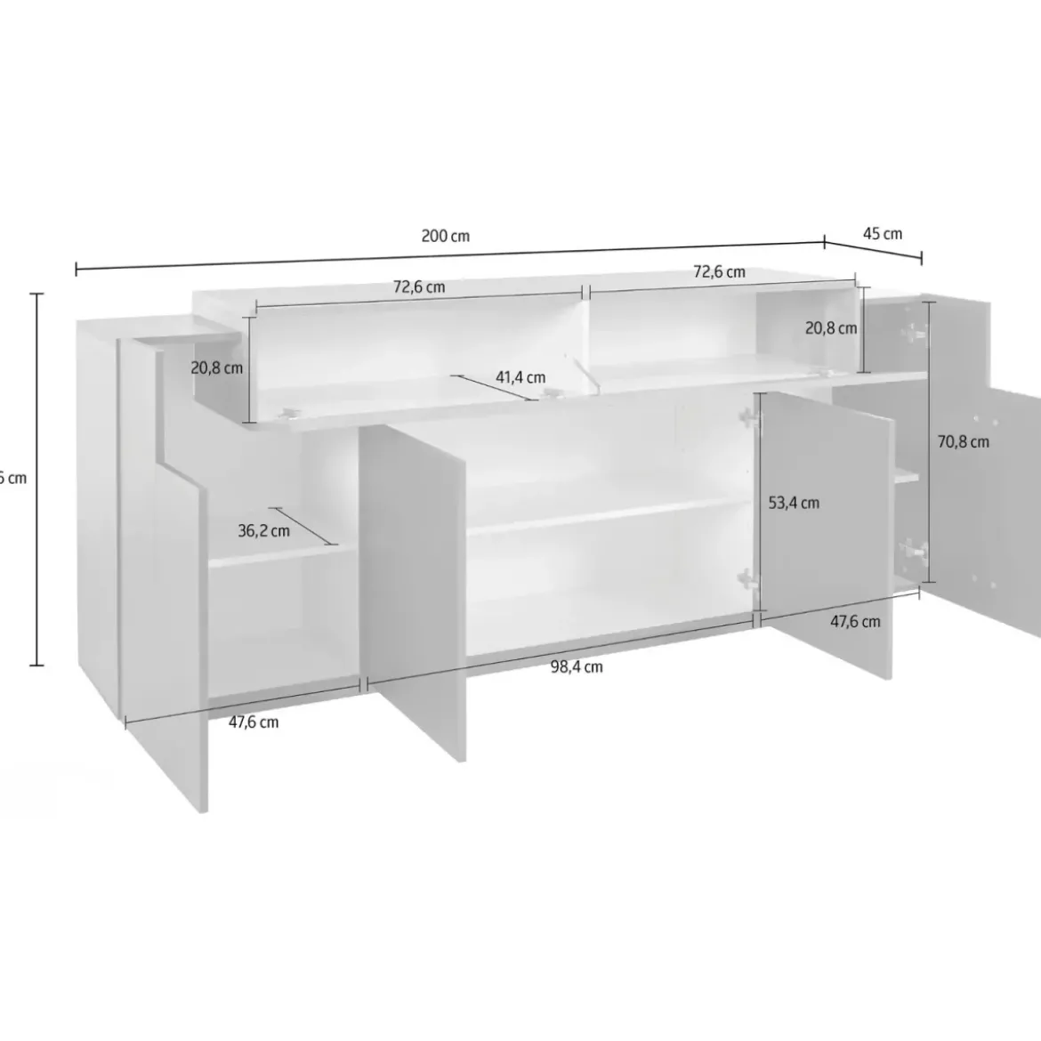 Credenza da Soggiorno 200 cm 4 Ante Battenti 1 Ribalta Antracite Rovere