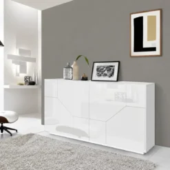 Credenza da Soggiorno 200 cm Bianco Laccato Lucido 4 Ante 2 Ripiani