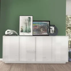 Credenza da Soggiorno 180 cm Bianco Laccato Lucido 4 Ante Push to Open