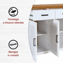 Credenza da Soggiorno in Legno Massello Bianco Rovere 3 Ante 3 Cassetti