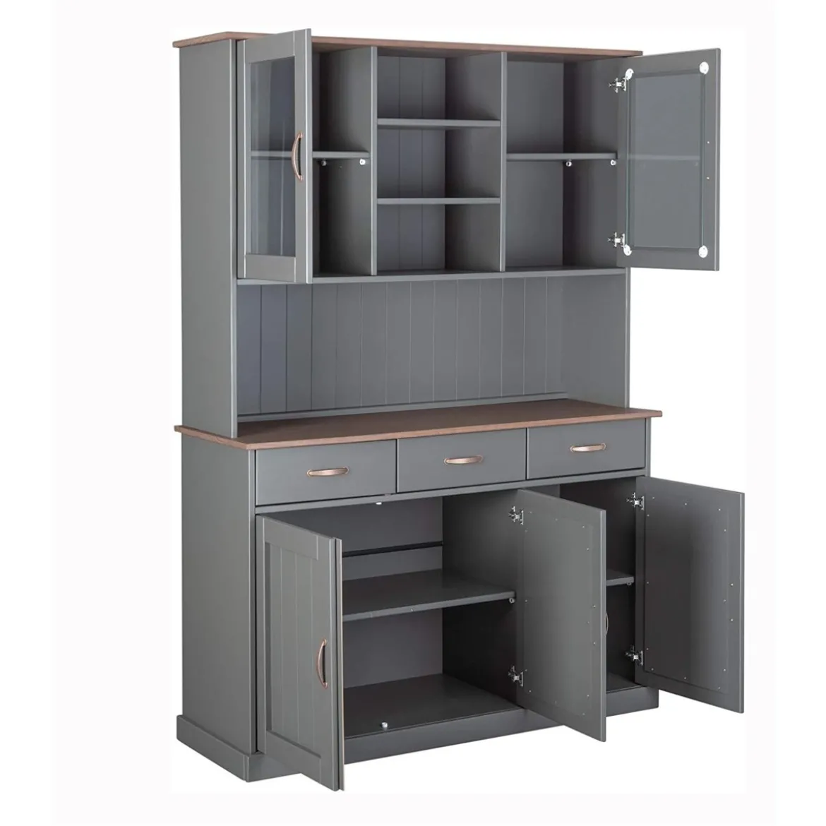 Credenza Grigia Alta Mobile 3 Ante con Cassetti Vetrina Cucina Contenitore Legno