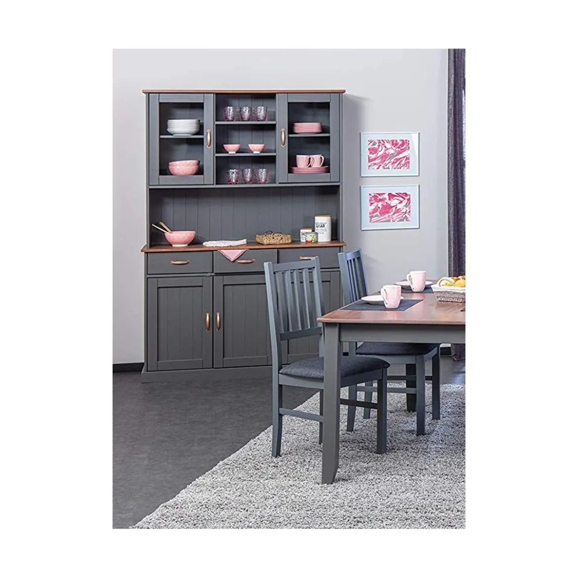 Credenza Grigia Alta Mobile 3 Ante con Cassetti Vetrina Cucina Contenitore Legno