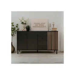 Credenza Madia 3 Ante e 4 Cassetti Nero con listelli Rovere