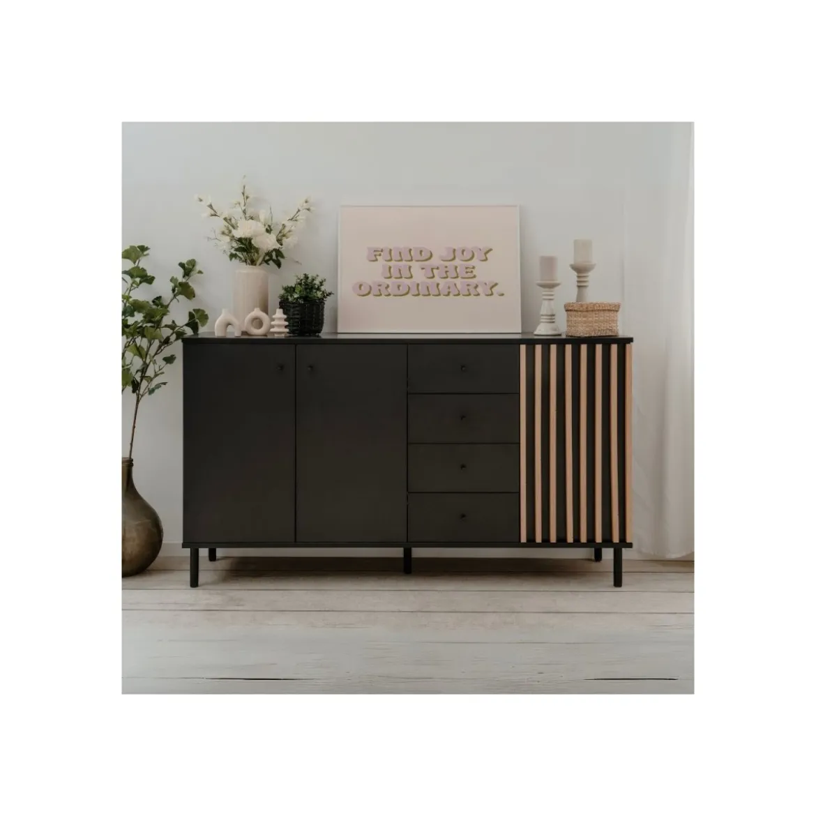 Credenza Madia 3 Ante e 4 Cassetti Nero con listelli Rovere