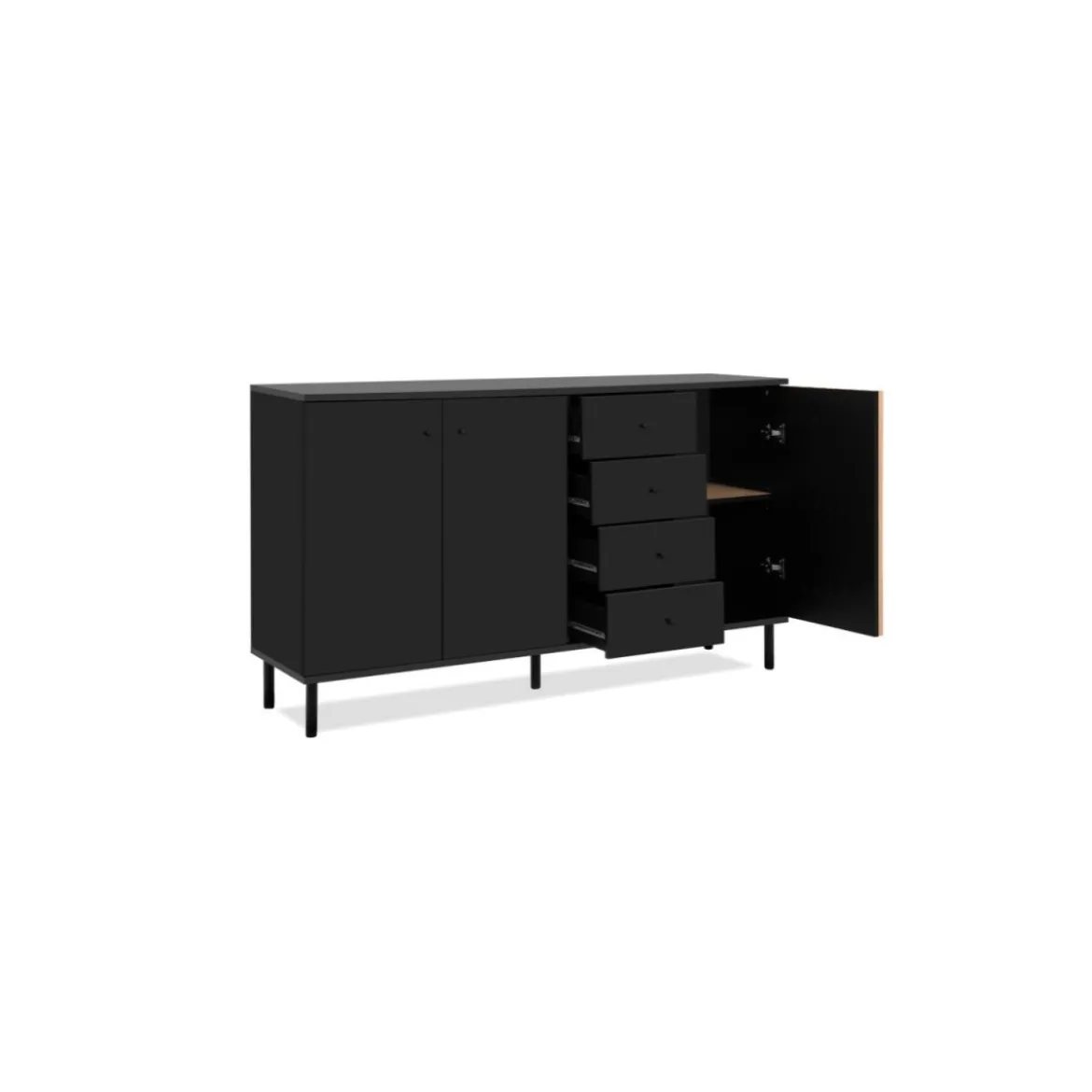 Credenza Madia 3 Ante e 4 Cassetti Nero con listelli Rovere