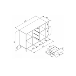 Credenza Madia 2 Ante e 4 Cassetti Nero con listelli Rovere