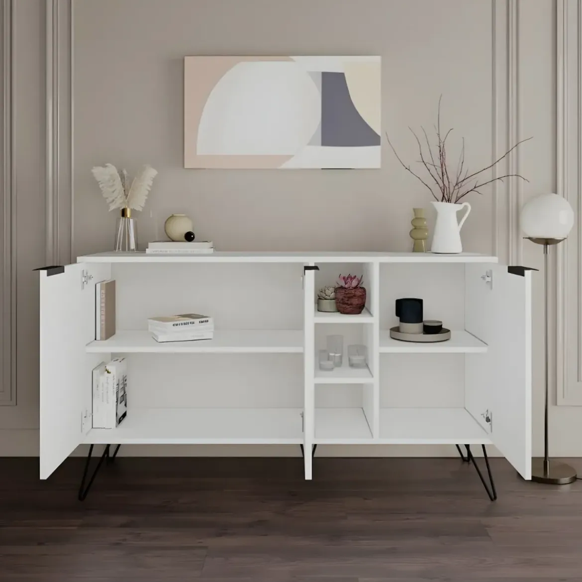 Credenza Madia con Nicchie 3 Ante Bianco per Soggiorno Gambe Metalliche