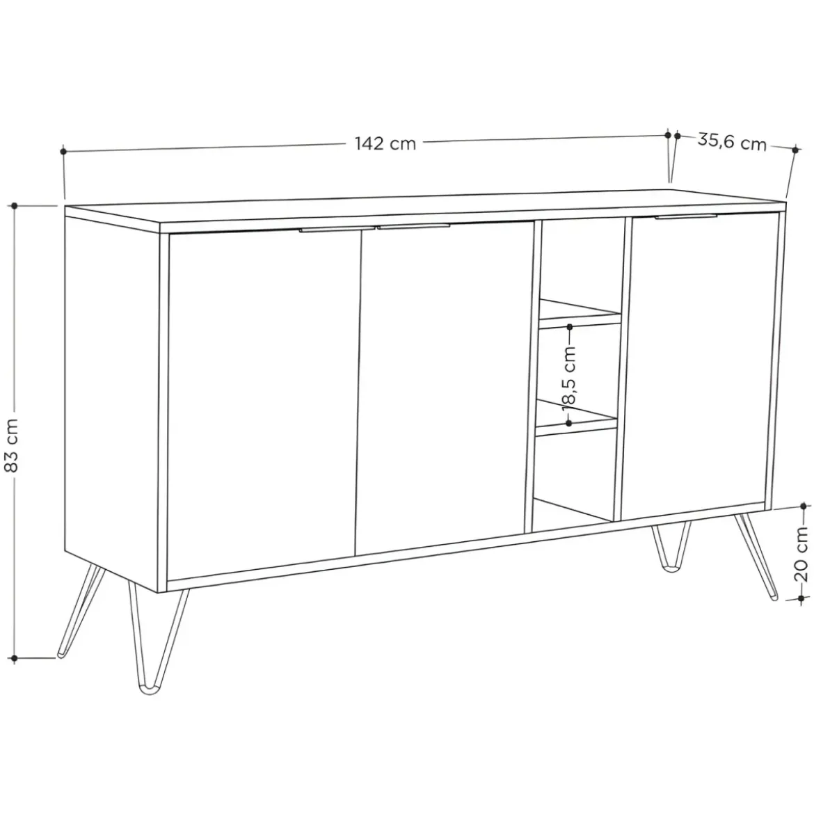 Credenza Madia con Nicchie 3 Ante Bianco per Soggiorno Gambe Metalliche