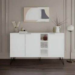 Credenza Madia con Nicchie 3 Ante Bianco per Soggiorno Gambe Metalliche