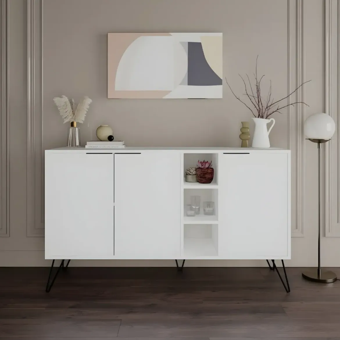 Credenza Madia con Nicchie 3 Ante Bianco per Soggiorno Gambe Metalliche