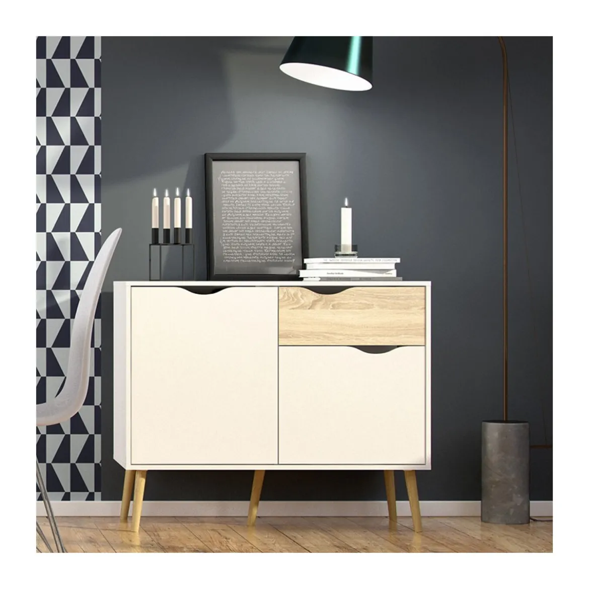 Credenza Moderna Mobile Bianco 2 Ante Rovere Madia Dispensa Soggiorno Salotto