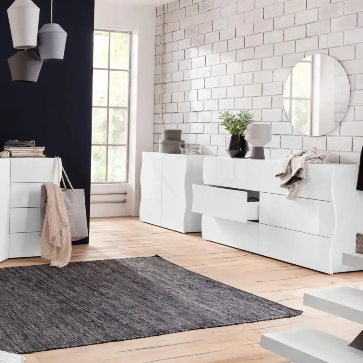Credenza Orizzontale con 6 Cassetti Bianco Lucido per Soggiorno Madia