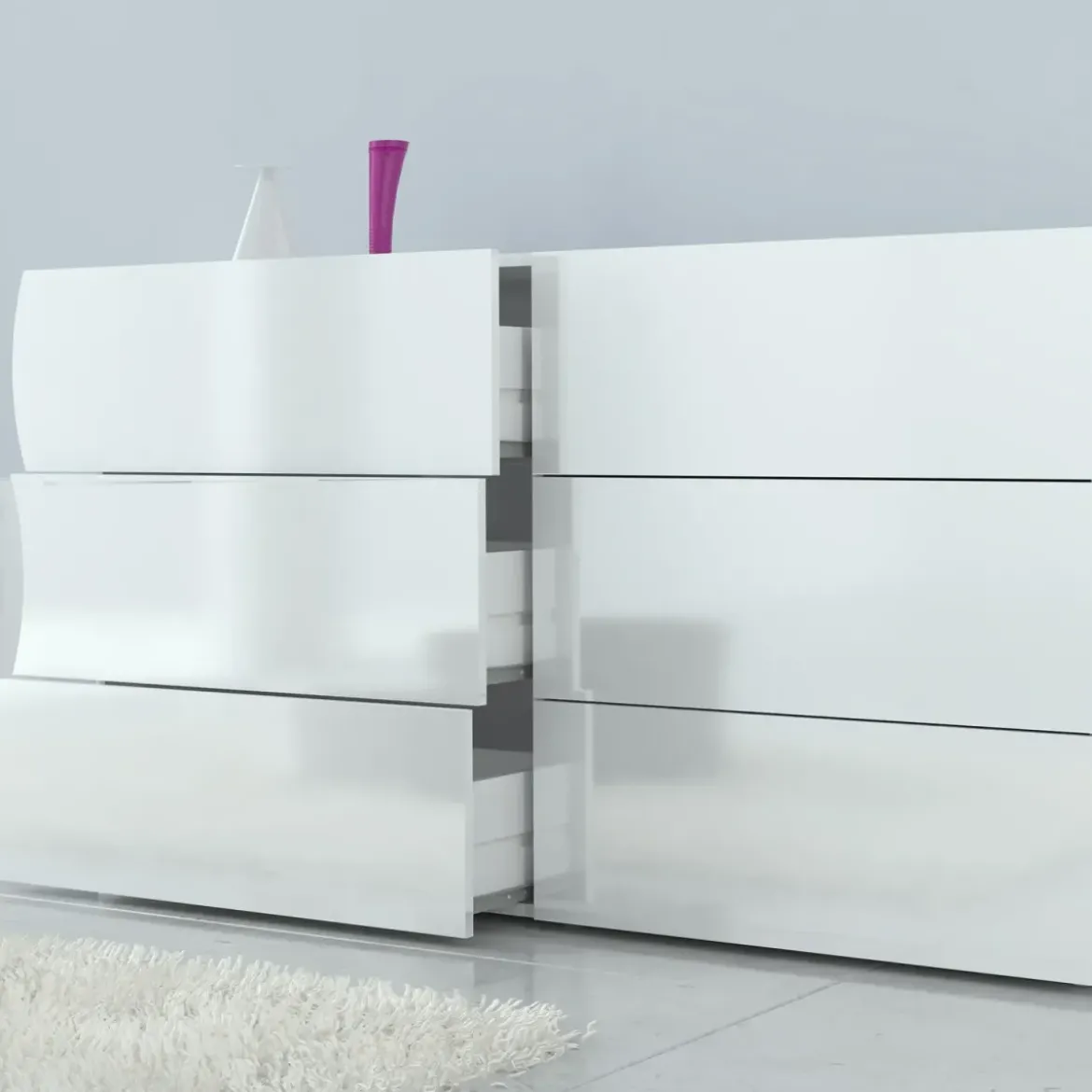 Credenza Orizzontale con 6 Cassetti Bianco Lucido per Soggiorno Madia
