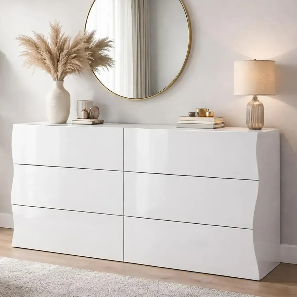 Credenza Orizzontale con 6 Cassetti Bianco Lucido per Soggiorno Madia
