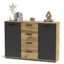Credenza Salvaspazio 4 Cassetti Rovere Antracite 120x33x85 cm