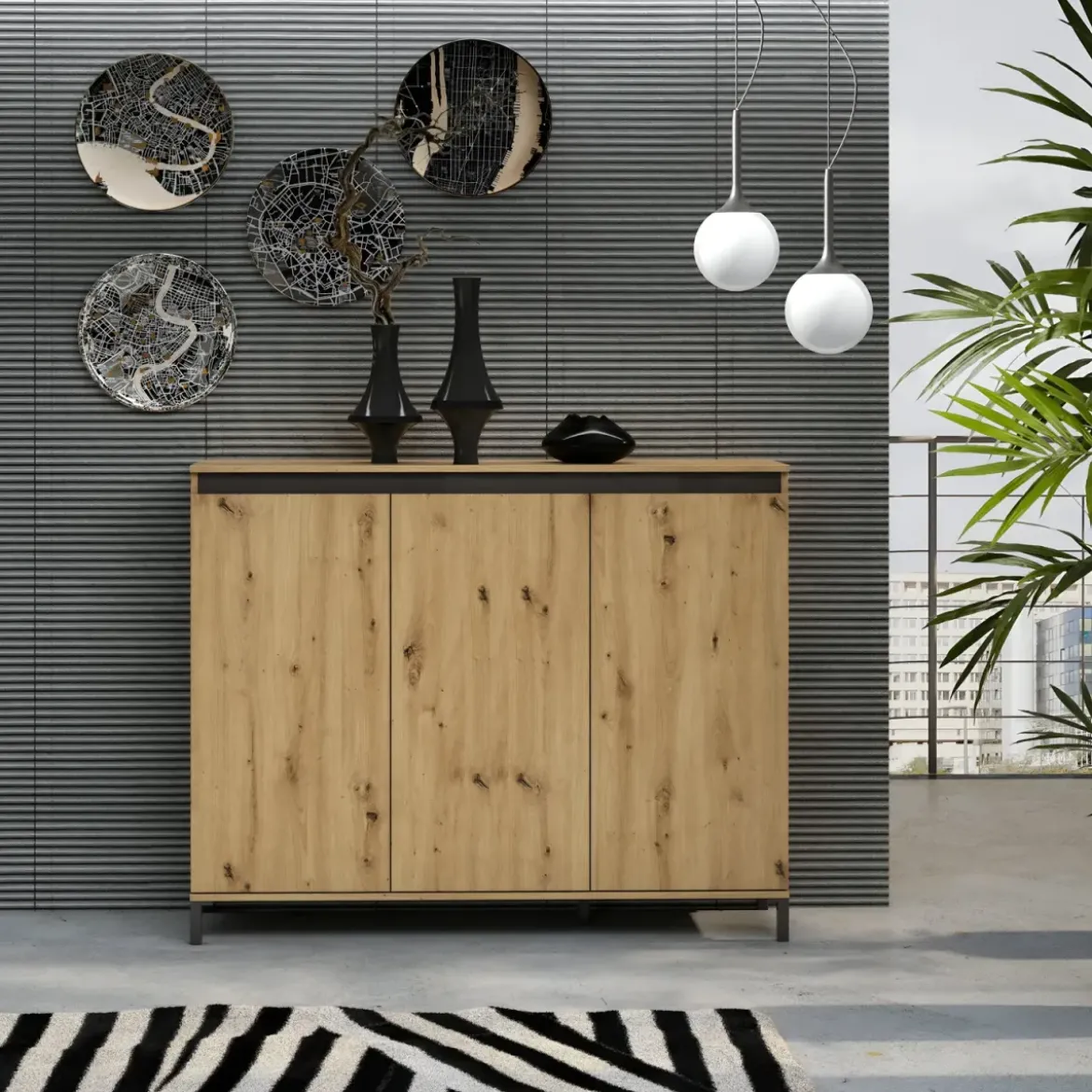 Credenza Soggiorno 3 Ante 138x110 cm Rovere Moderna