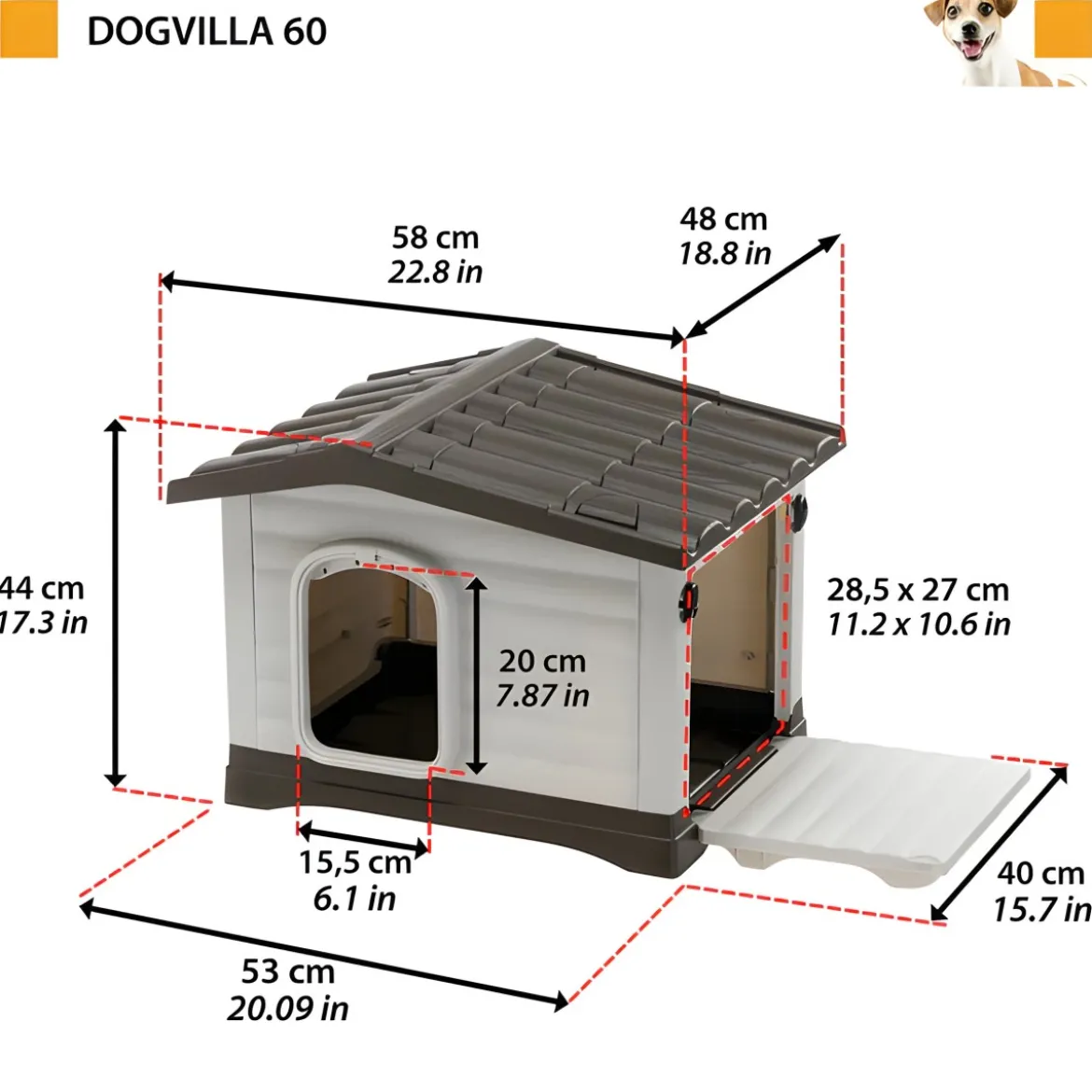 Cuccia per Cani da esterno 58x48x44 cm con parete ribaltabile