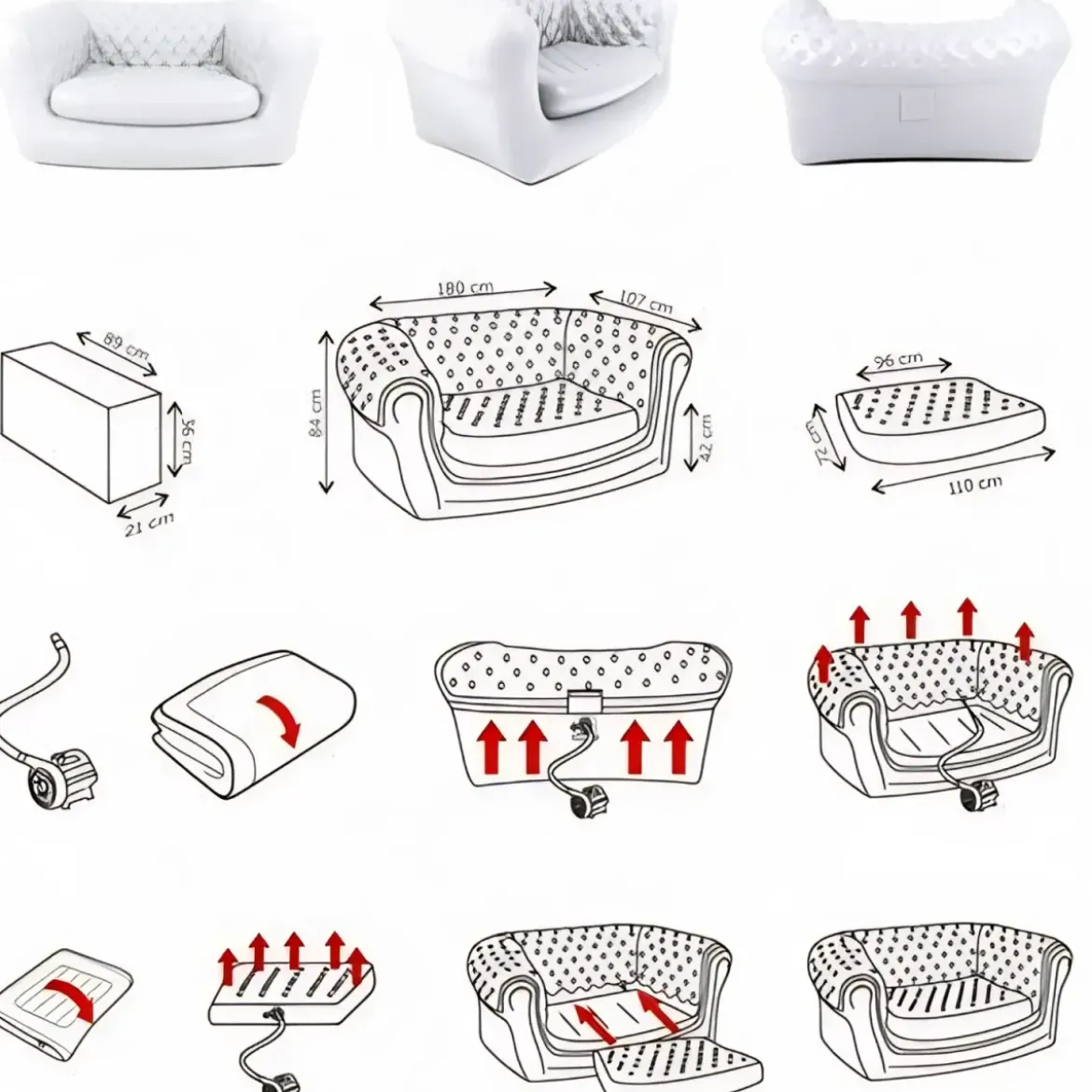 Divano Gonfiabile 2 Posti in PVC Bianco Arredo Interno Esterno Valvole