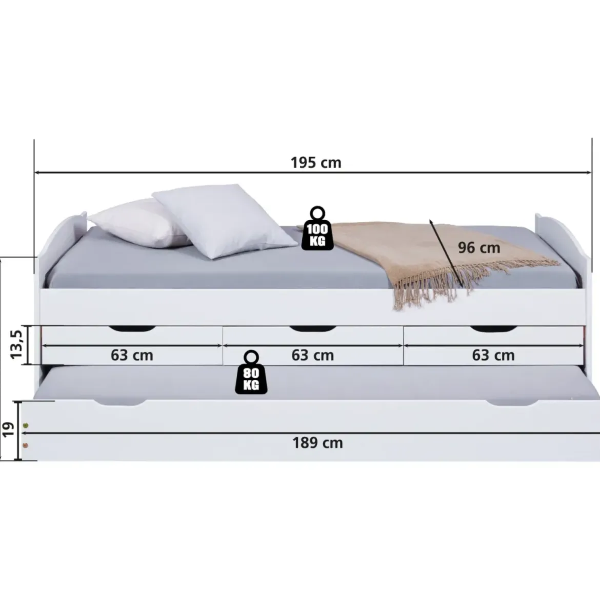Divano Letto 2 Letti Singoli a Doghe 90x190 con Cassetti Contenitore Estraibile
