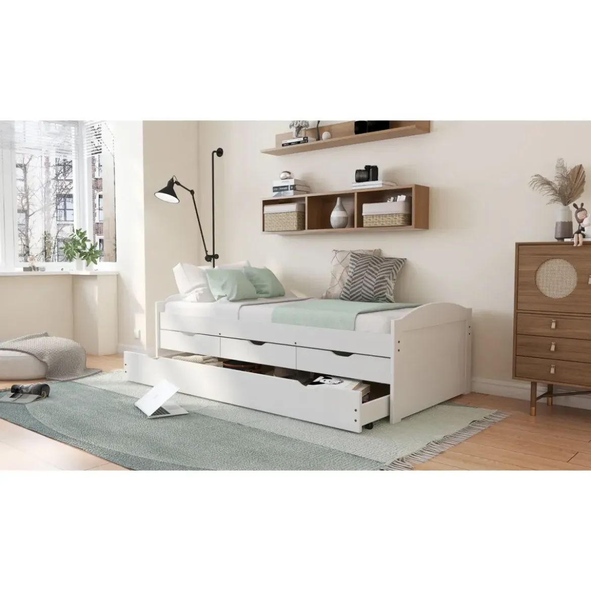 Divano Letto 2 Letti Singoli a Doghe 90x190 con Cassetti Contenitore Estraibile